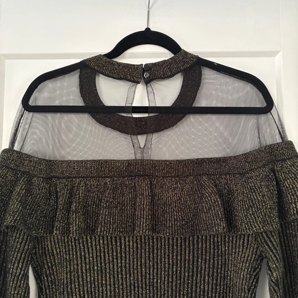 Venus Metallic Gold Ribbed Knit Ruffle Mesh Dress XL Bell Sleeve Mock Neck Party
